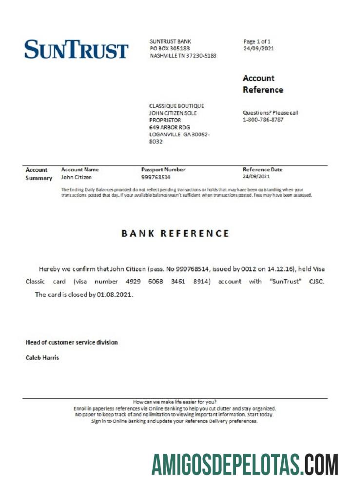 Referência de fechamento Suntrust dos EUA exemplo